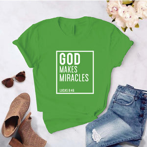 Camiseta T-shirt mujer cristiana GOD MAKE MIRACLES