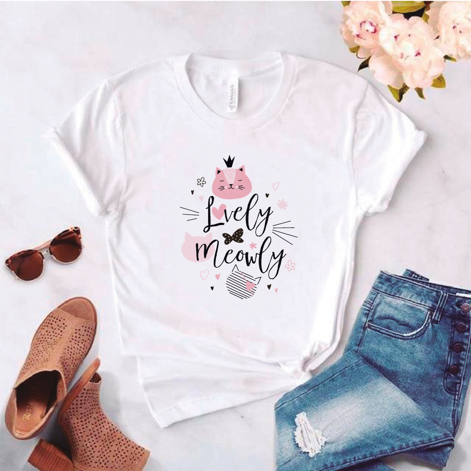 Camiseta estampada tipo T-shirt LOVELY MEOWLY GATO CORONA (MASCOTAS)