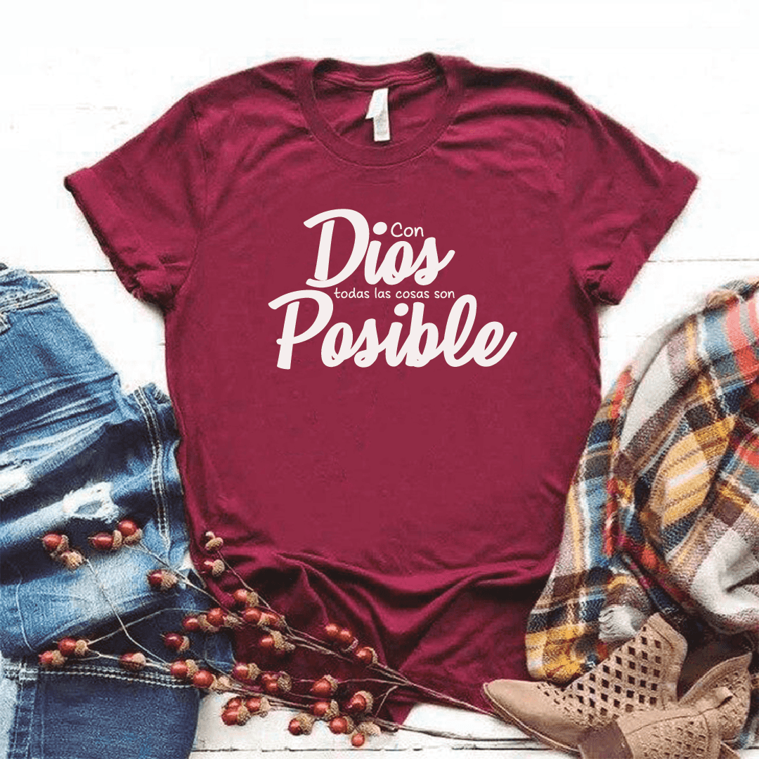 Camiseta estampada tipo T-shirt CON DIOS TODAS LAS COSAS SON POSIBLE (CRISTIANOS) (DAMA)