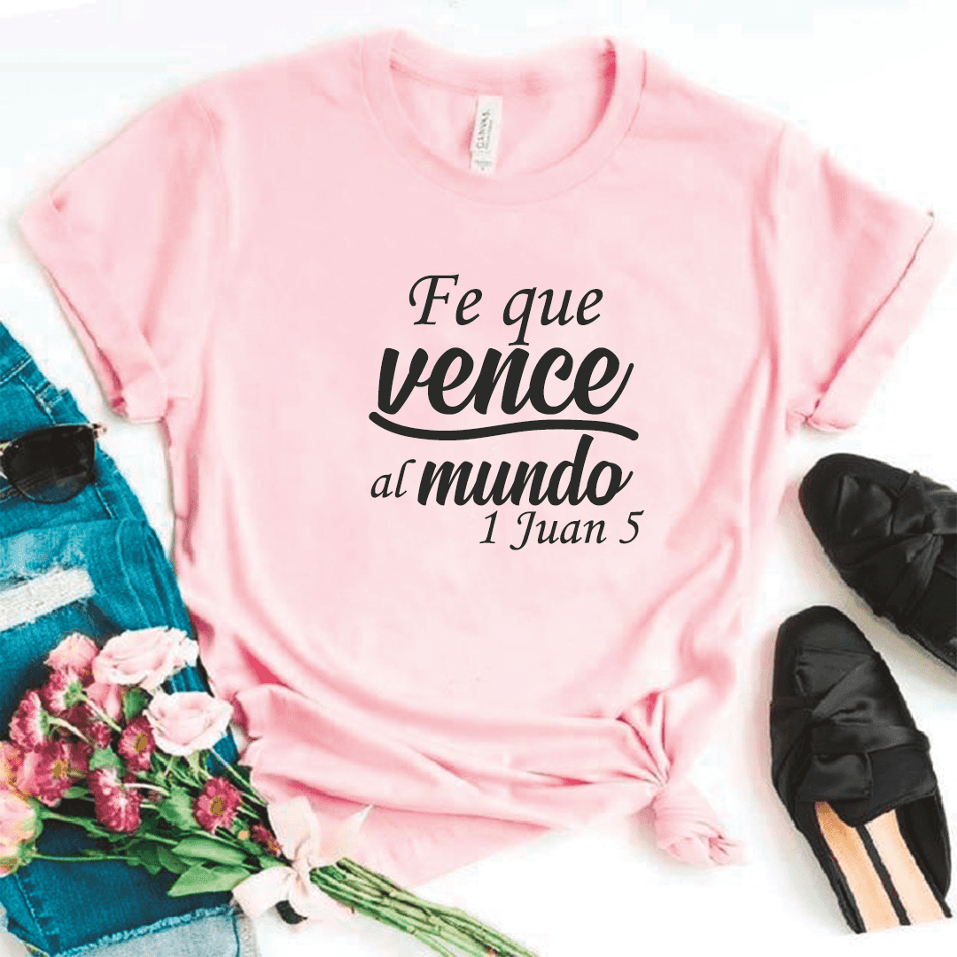 Camiseta estampada tipo T-shirt FE QUE VENCE AL MUNDO (CRISTIANOS) (DAMA)