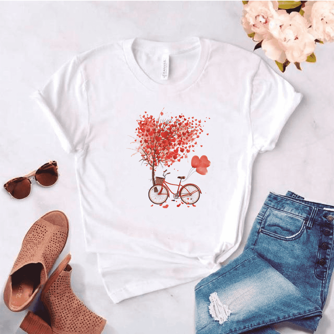 Camiseta estampada tipo T-shirt SUBLIMACION GLOBOS CORAZONES BICICLETA