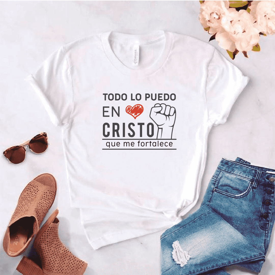 Camiseta estampada tipo T-shirt TODO LO PUEDO EN CRISTO QUE ME FORTALECE (CRISTIANOS) (DAMA)