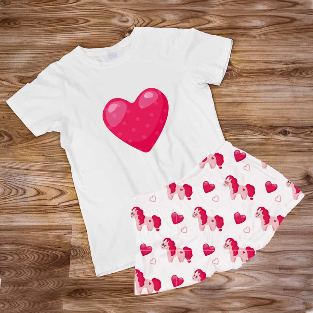 Pijama Estampada en poli algodón de Short Corazón y unicornio