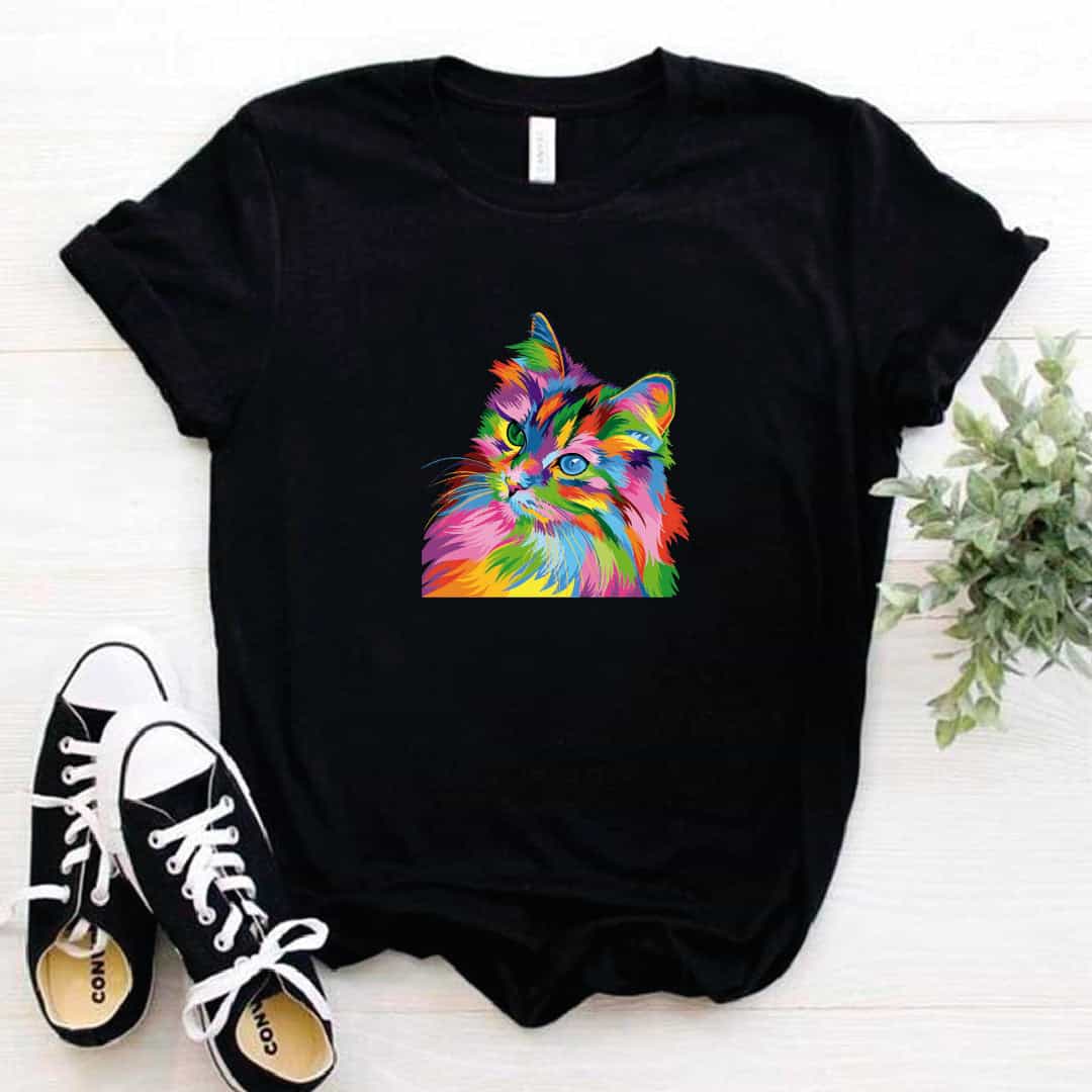 Camisa estampada en algodon para mujer tipo T- shirt gato colorido