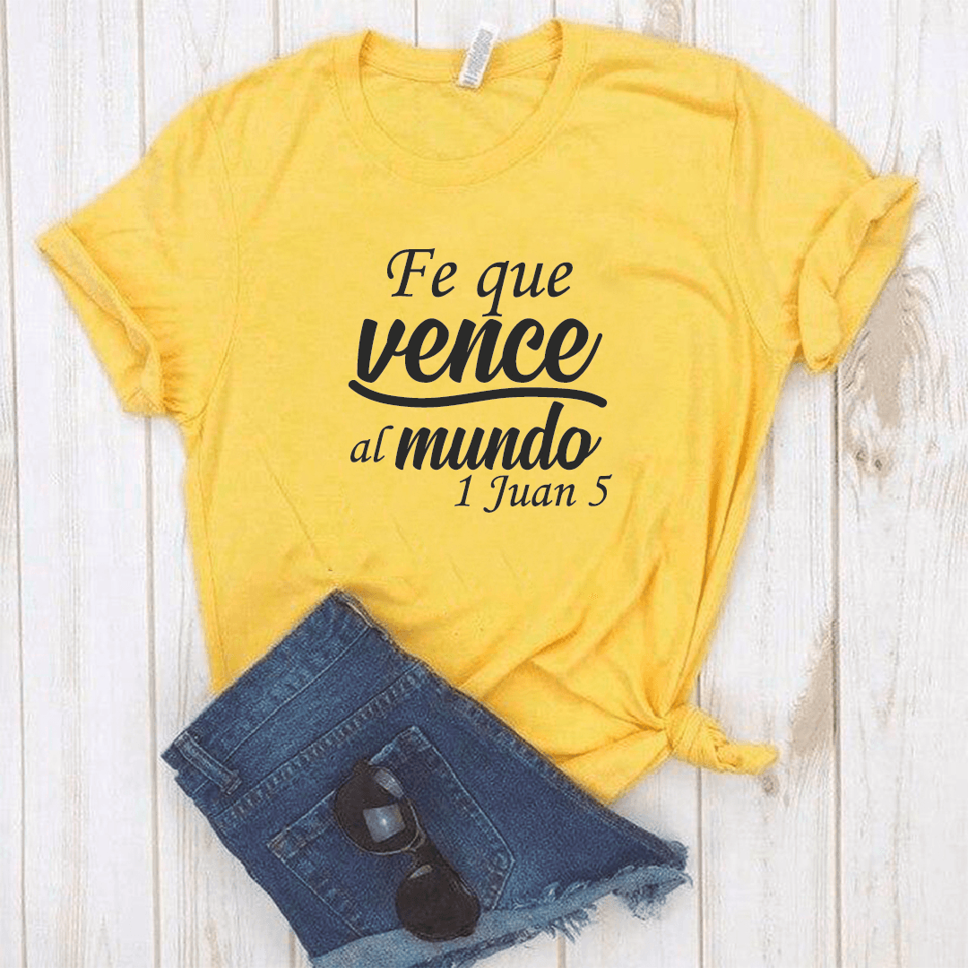 Camiseta estampada tipo T-shirt FE QUE VENCE AL MUNDO (CRISTIANOS) (DAMA) — foto 2