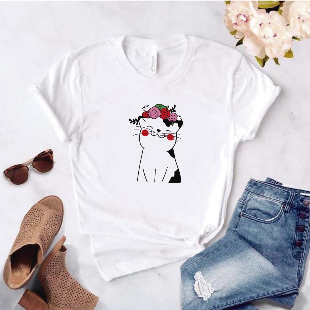 Camisa estampada  tipo T-shirt  Gato florecitas — foto 8