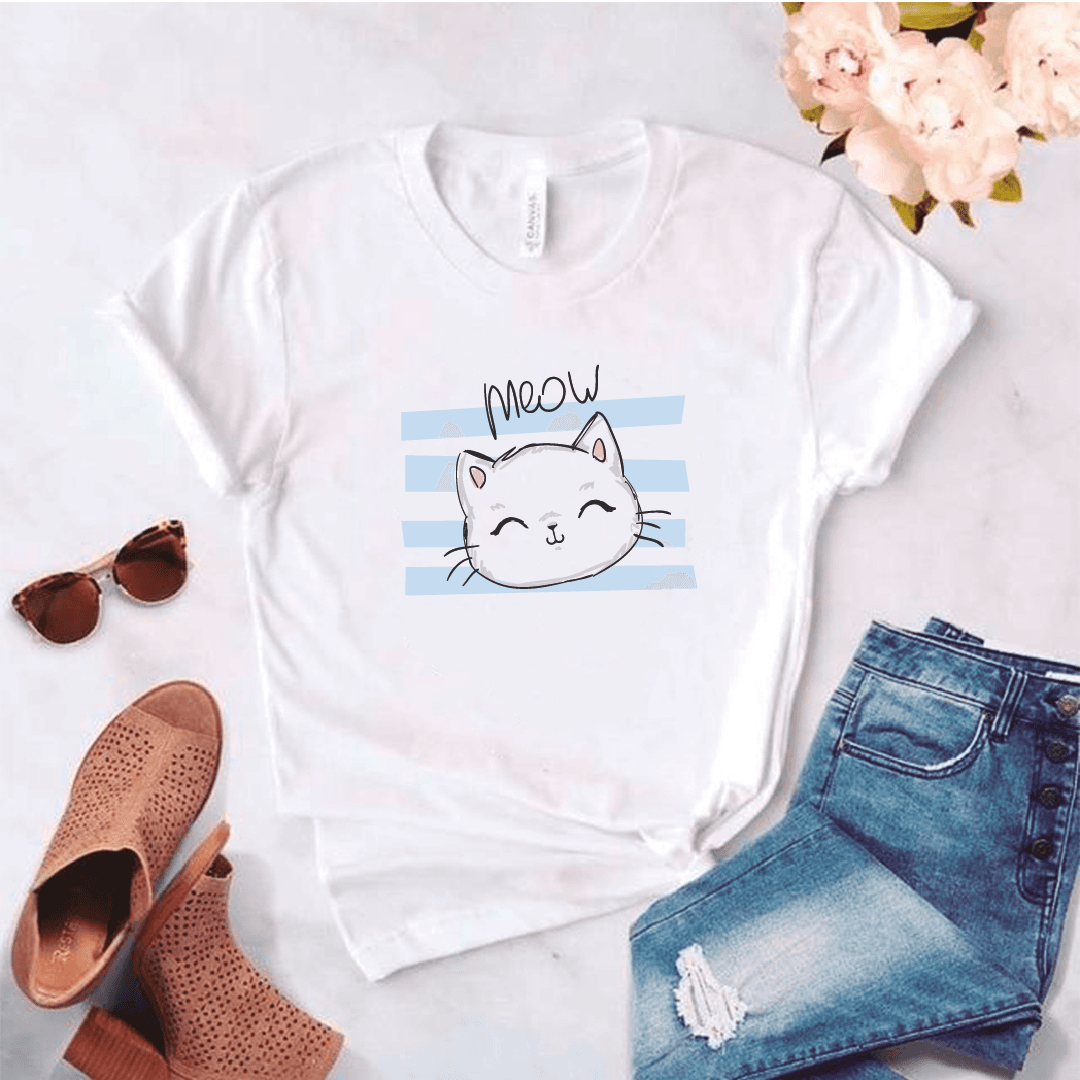 Camiseta estampada tipo T-shirt MEOW GATO BLANCO FRANJAS AZULES (MASCOTAS) — foto 1