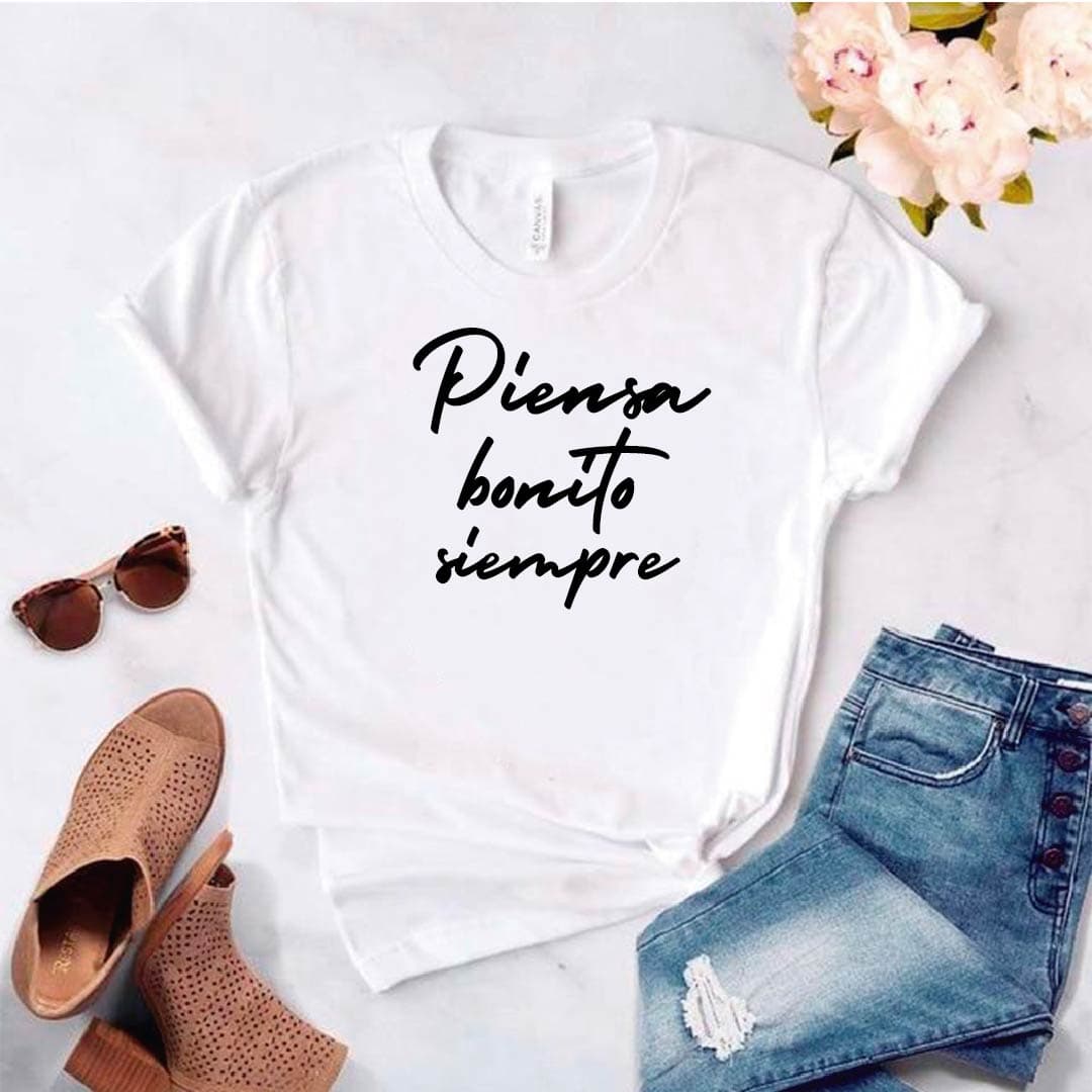 Camiseta tipo t-shirt estampada mujer PIENSA BONITO SIEMPRE — foto 4
