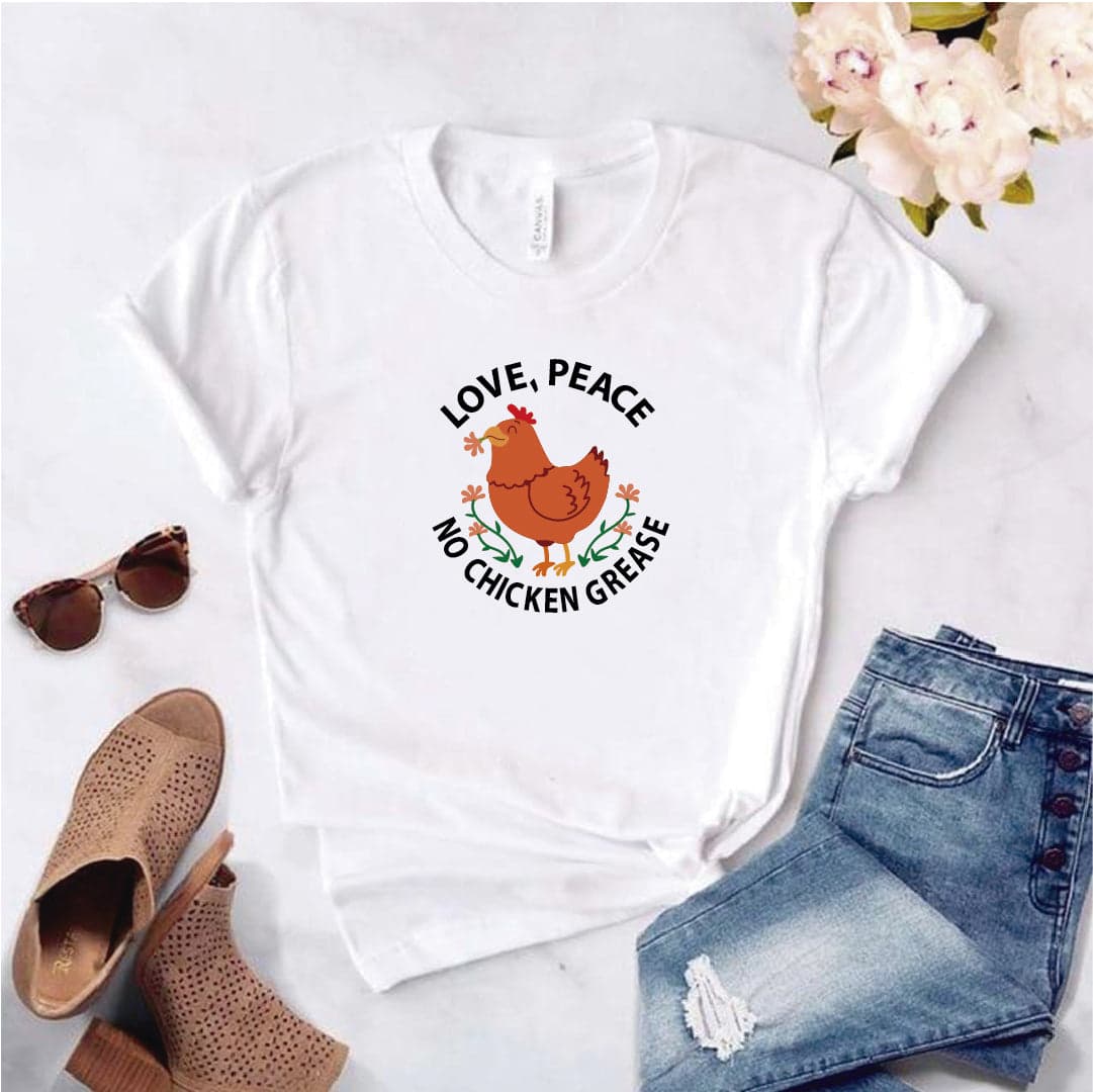 Camisa estampada  tipo T-shirt  de polialgodón LOVE PEACE NO CHIKEN GREASE — foto 1