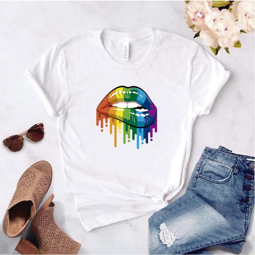 Camisa estampada  tipo T-shirt  de polialgodon LABIOS ARCOIRIS — foto 1