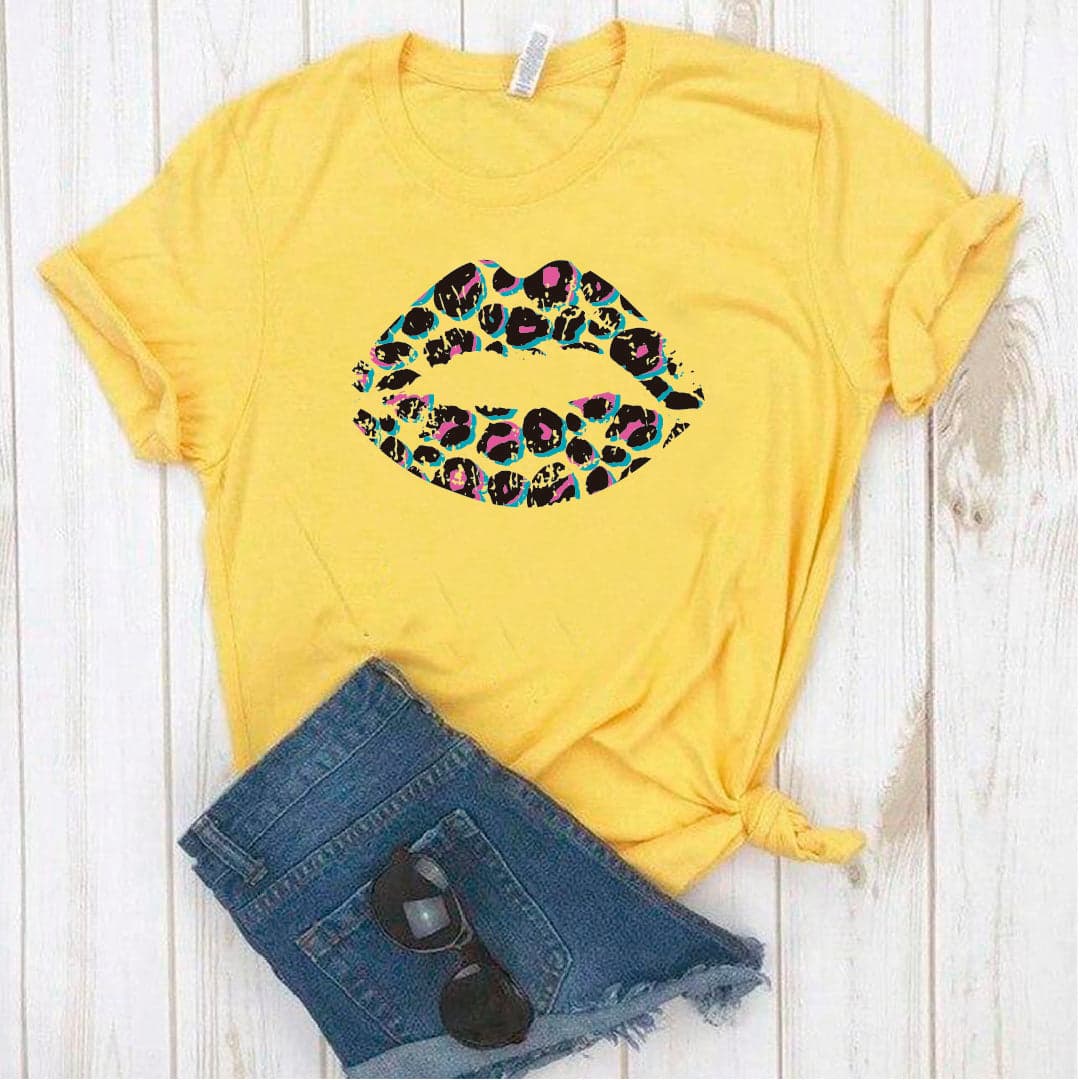 Camisa estampada en algodon para mujer tipo T- shirt labios azul rosado y negro — foto 2