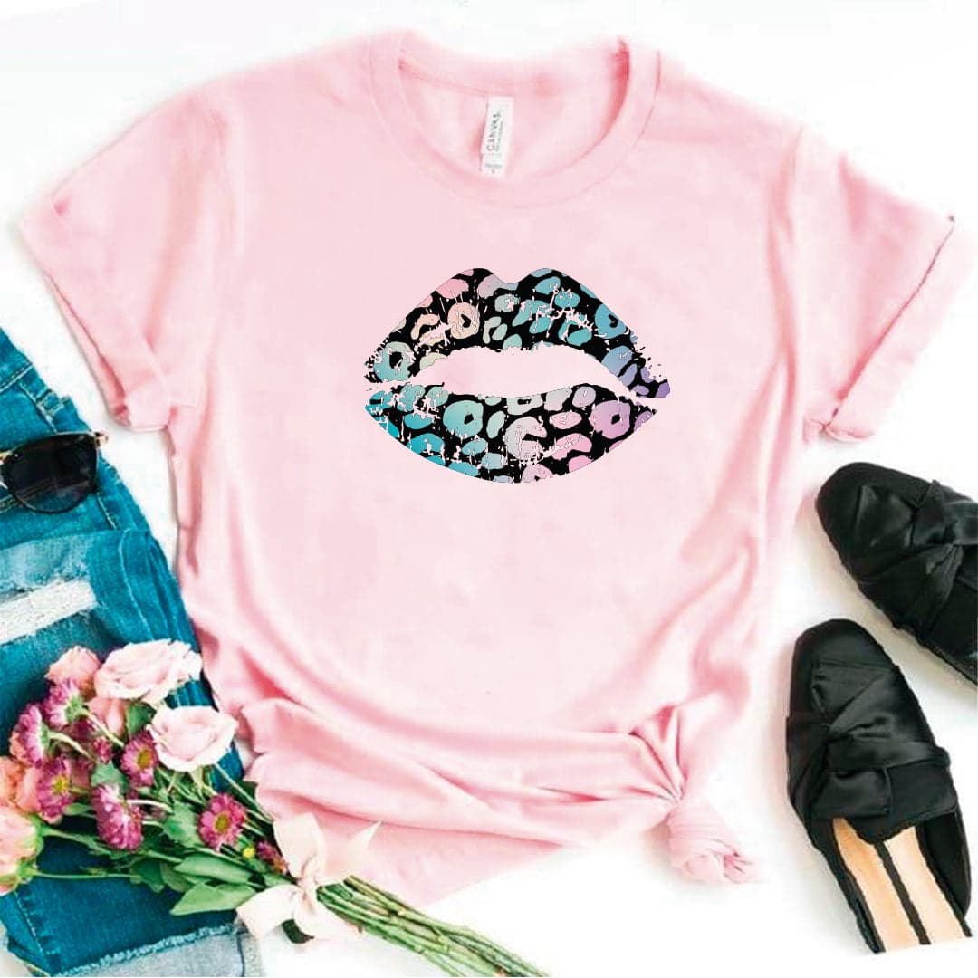 Camisa estampada en algodon para mujer tipo T- shirt labios azul y rosado — foto 1