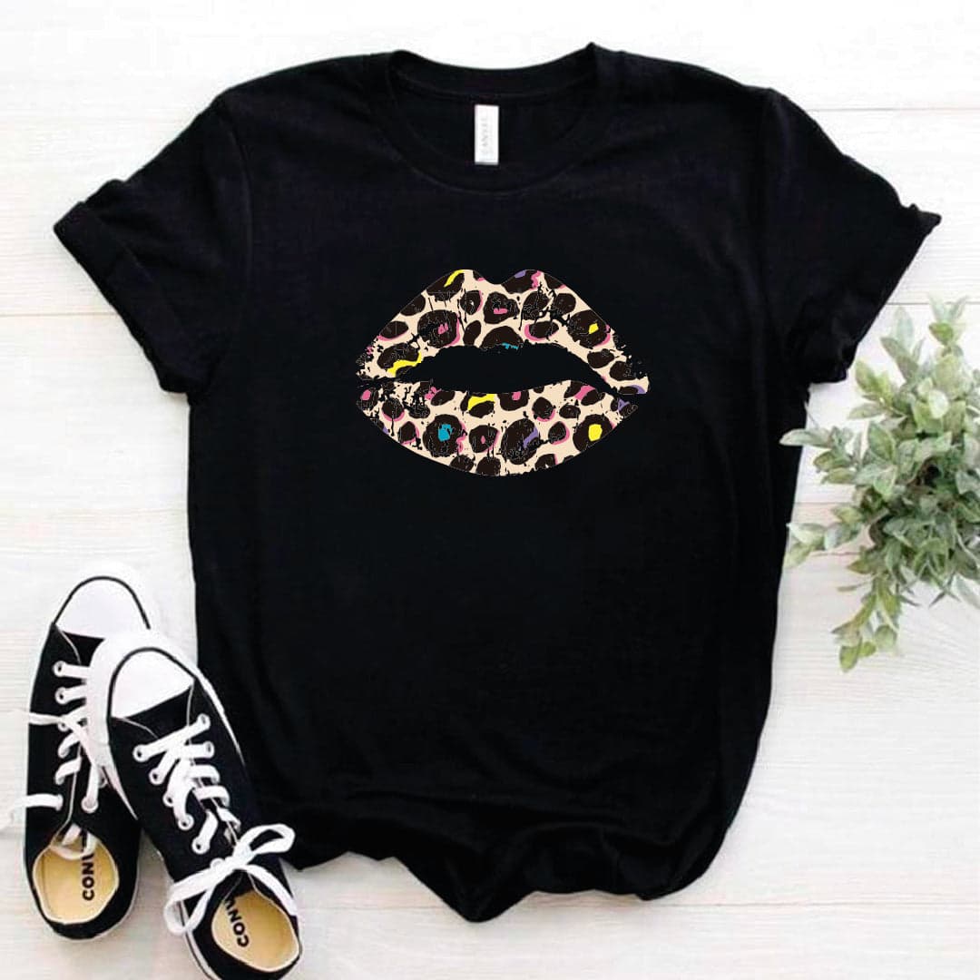 Camisa estampada en algodon para mujer tipo T- shirt labios rosado y negro — foto 1