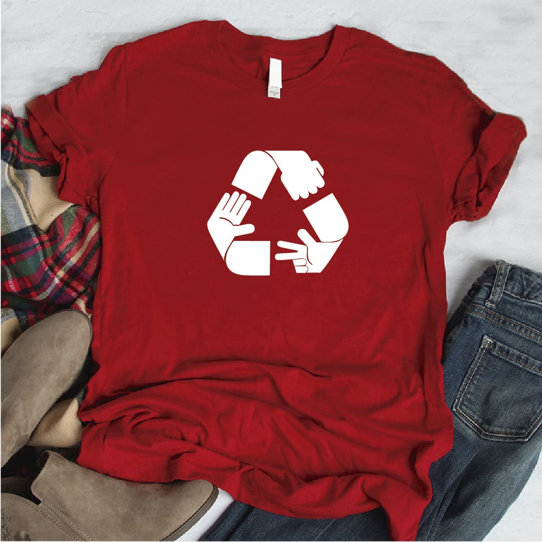 Camisa estampada  tipo T-shirt Piedra papel o tijera (simbolo reciclaje) — foto 3