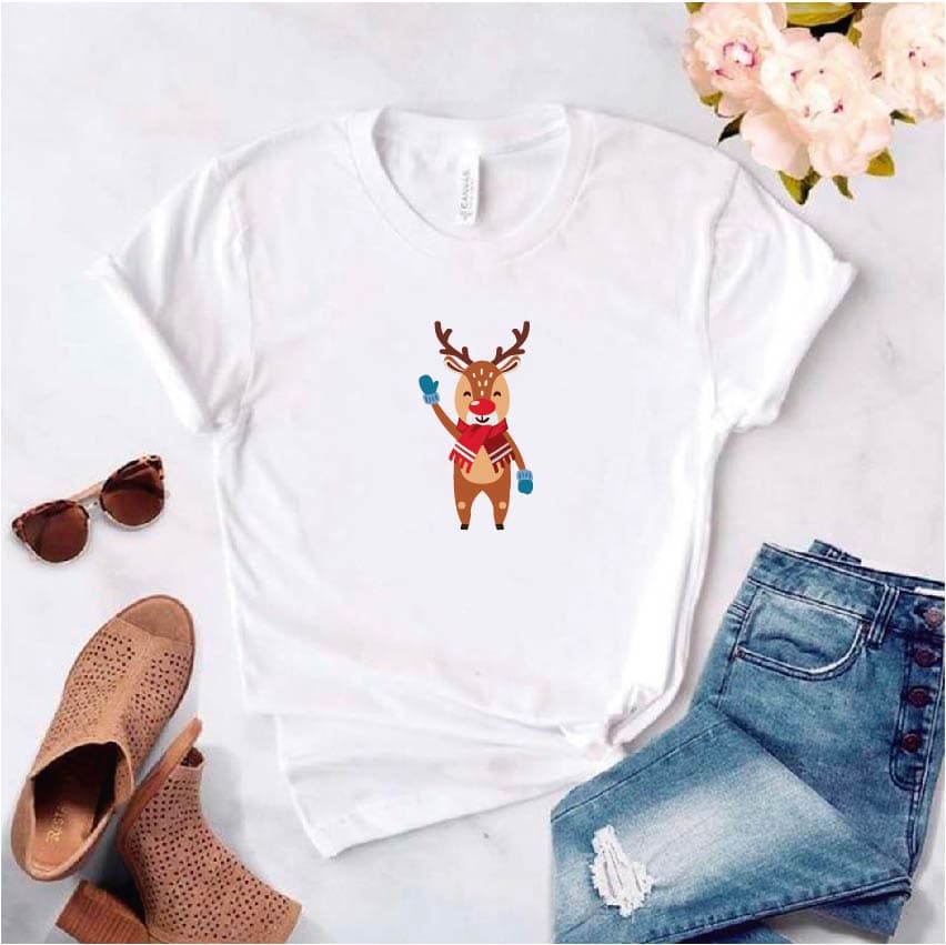 Camisa estampada tipo T-shirt de polialgodon (navidad) reno con bufanda y guantes — foto 1