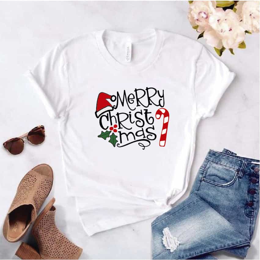 Camisa estampada tipo T-shirt de polialgodon Merry Christmas Sombrero y bastón