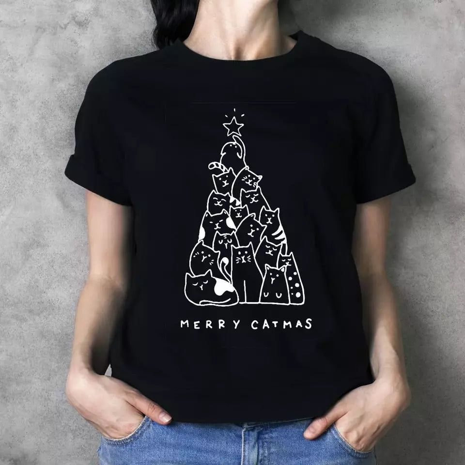 Camiseta estampada tipo T-shirt Árbol navideño de gatos