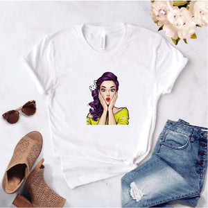 Camisa estampada  tipo T-shirt  de polialgodon PIN UP DAMA SORPRENDIDA