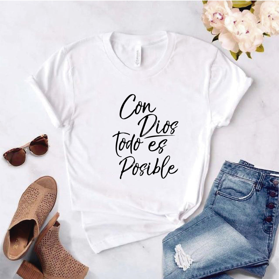 Camisa estampada Cristiana tipo T- shirt Con Dios Todo es Posible