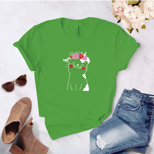 Camisa estampada  tipo T-shirt  Gato florecitas