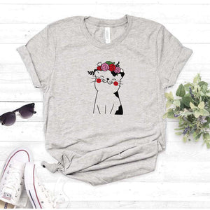 Camisa estampada  tipo T-shirt  Gato florecitas