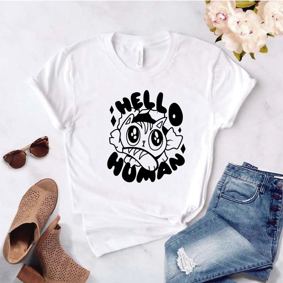 Camisa estampada  tipo T-shirt HELLO HUMAN GATO