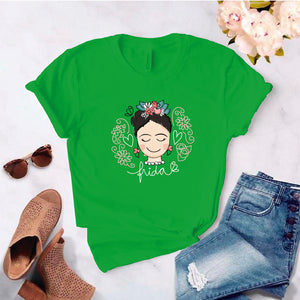 Camiseta estampada tipo T- shirt FRIDA KAHLO CORAZONES Y ROSAS