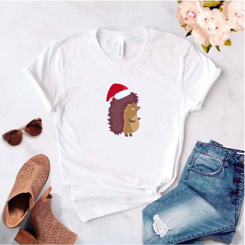 Camisa estampada tipo T-shirt de polialgodon (navidad) cuerpo espín con gorro