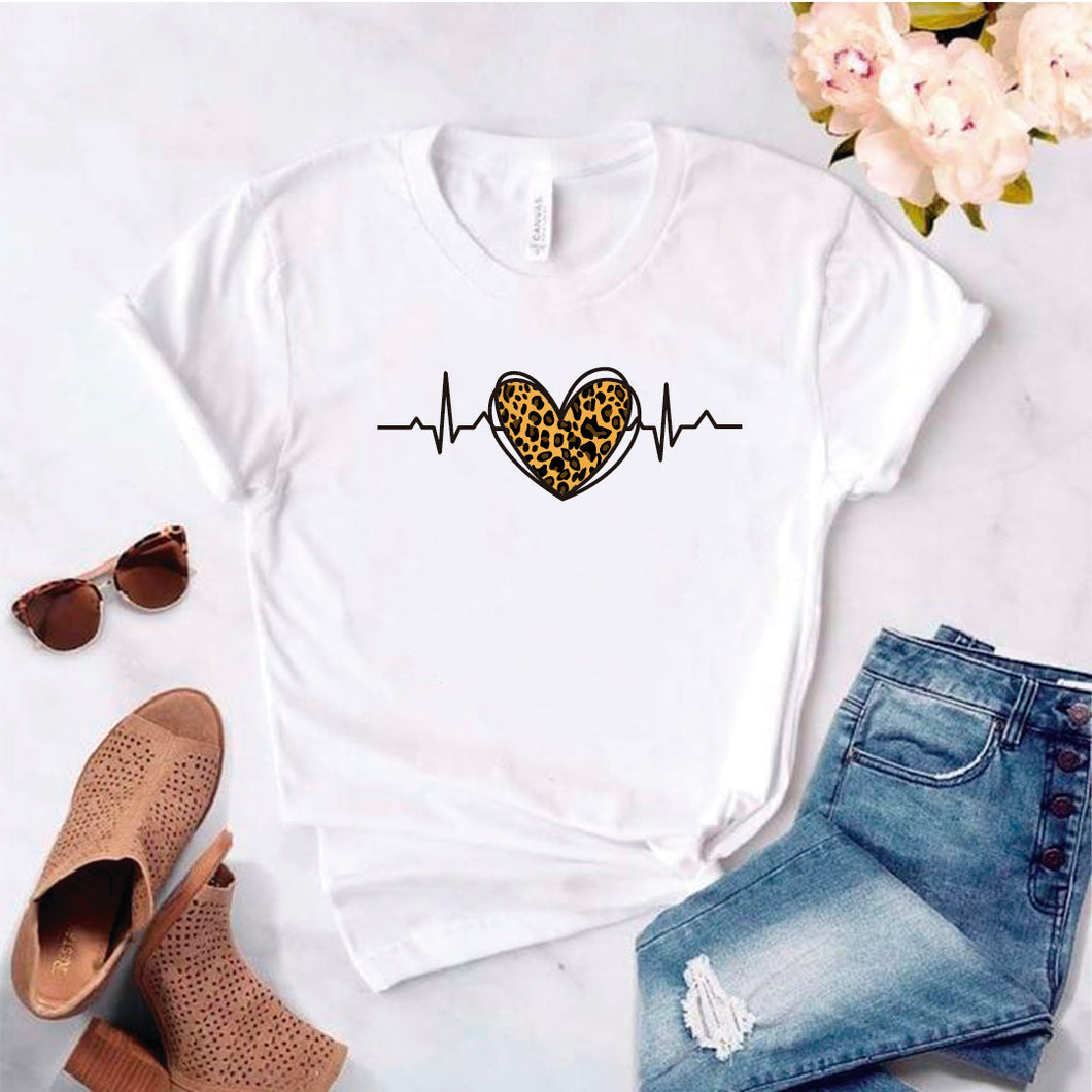 Camisa estampada en algodon para mujer tipo T- shirt electrocardiograma corazon guepardo
