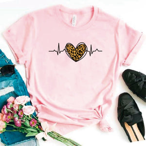 Camisa estampada en algodon para mujer tipo T- shirt electrocardiograma corazon guepardo