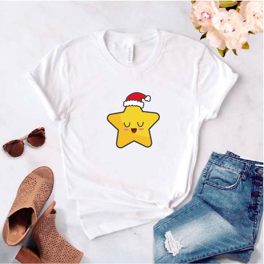 Camisa estampada tipo T-shirt de polialgodon (navidad) estrella con gorro