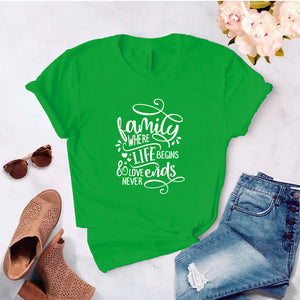 Camisa estampada tipo T- shirt Family where life begins and love never ends