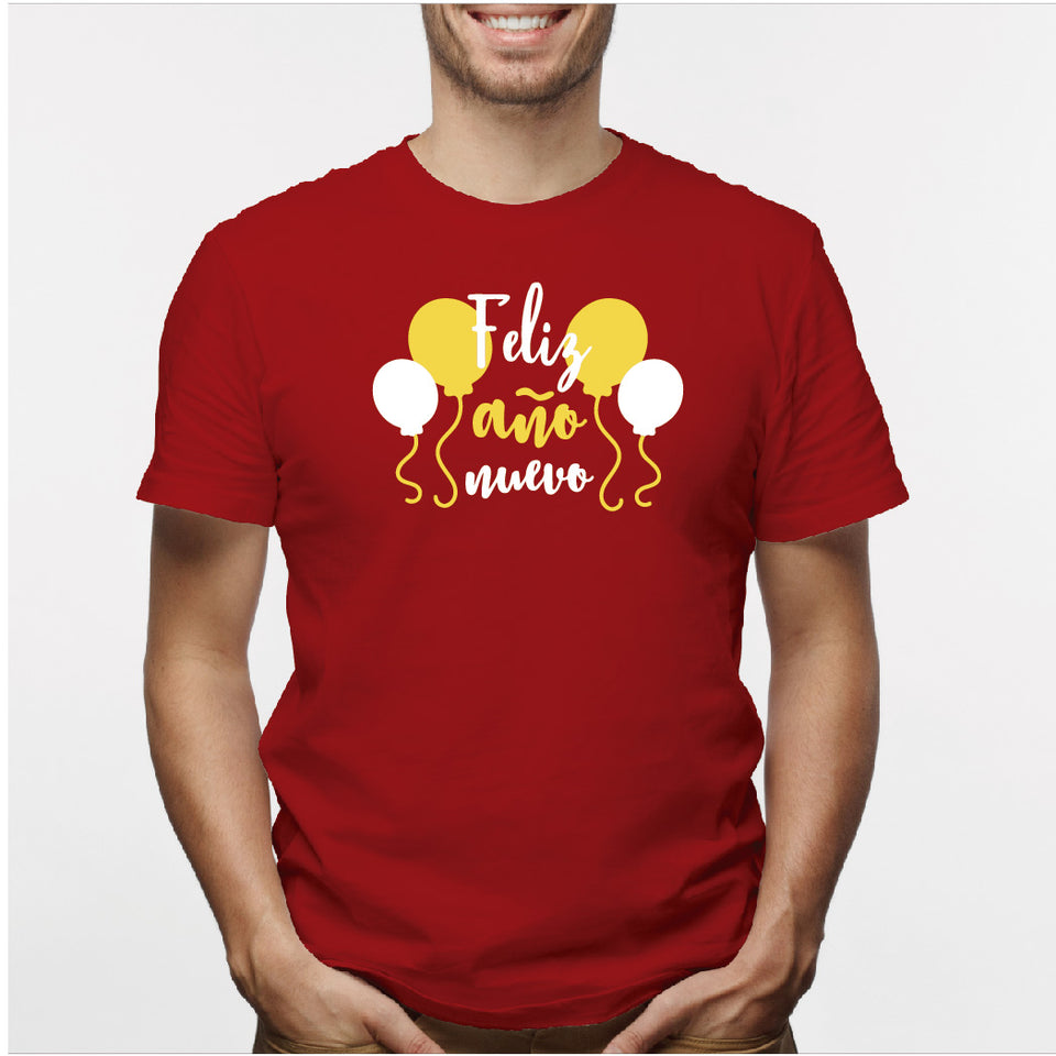 Camisa estampada para hombre  tipo T-shirt (NAVIDAD) feliz año nuevo con globos