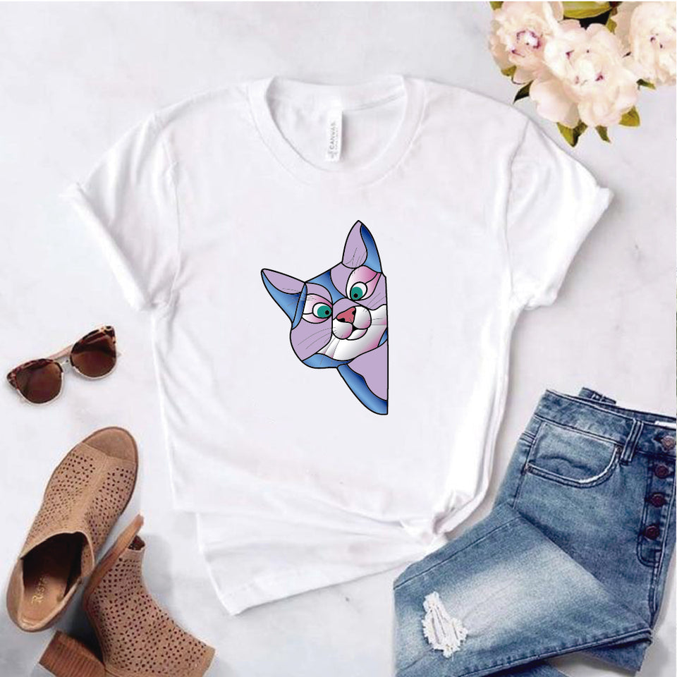 Camisa estampada  tipo T-shirt  de polialgodon GATO AZUL ASOMADO