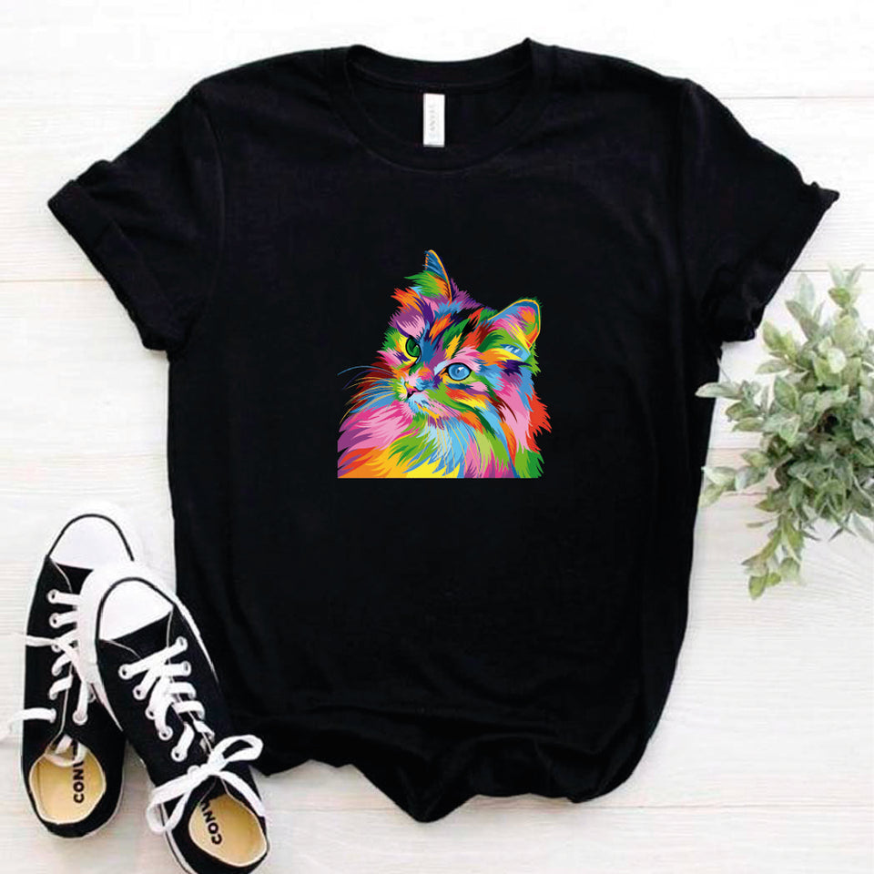 Camisa estampada en algodon para mujer tipo T- shirt gato colorido