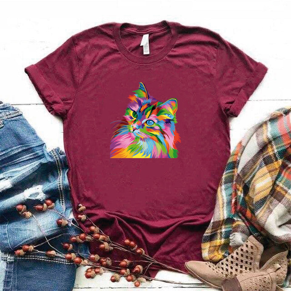Camisa estampada en algodon para mujer tipo T- shirt gato colorido