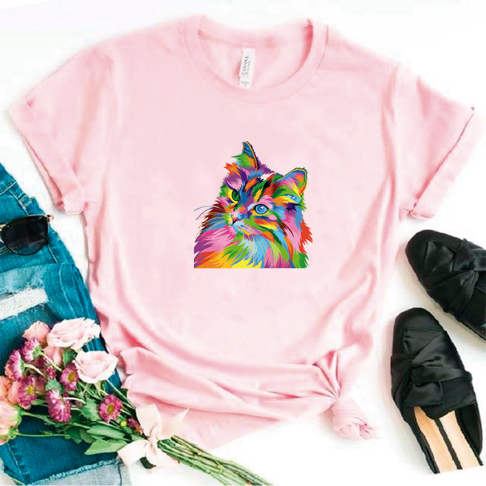 Camisa estampada en algodon para mujer tipo T- shirt gato colorido