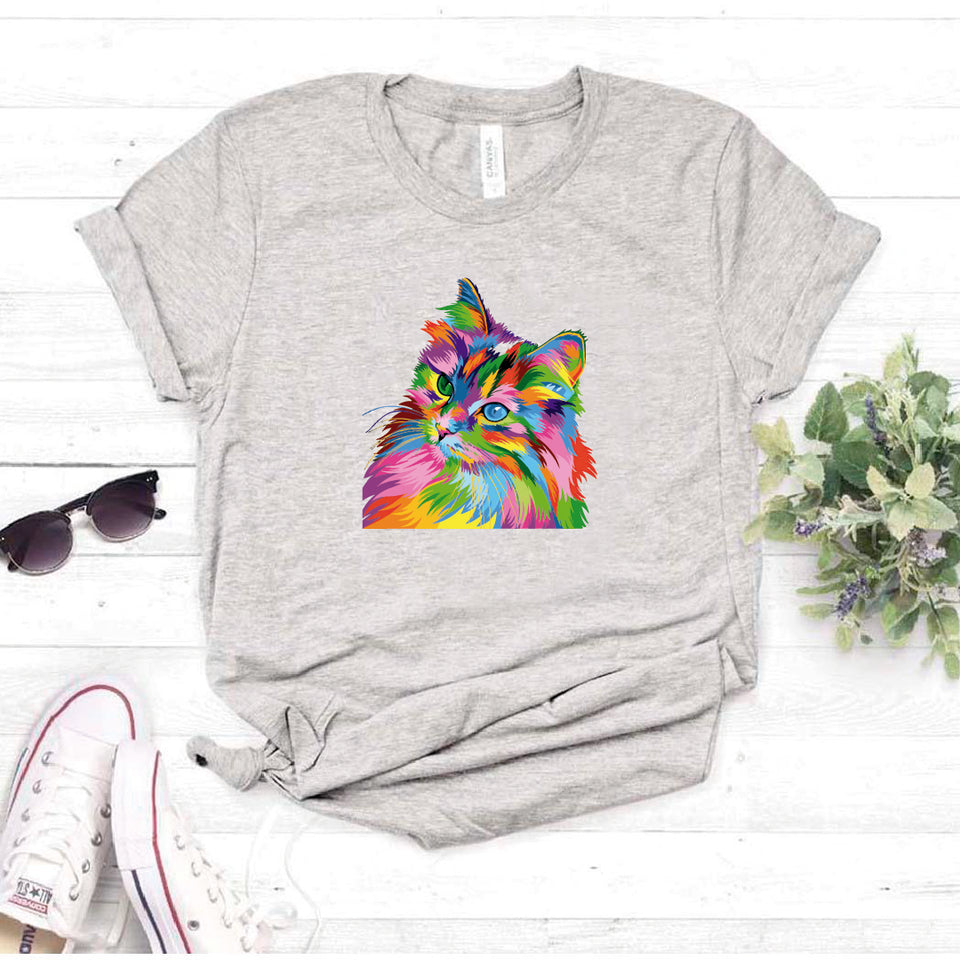 Camisa estampada en algodon para mujer tipo T- shirt gato colorido