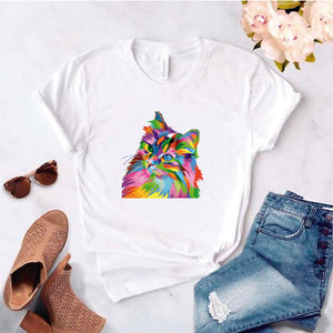 Camisa estampada en algodon para mujer tipo T- shirt gato colorido
