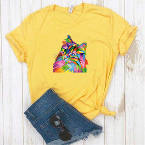 Camisa estampada en algodon para mujer tipo T- shirt gato colorido