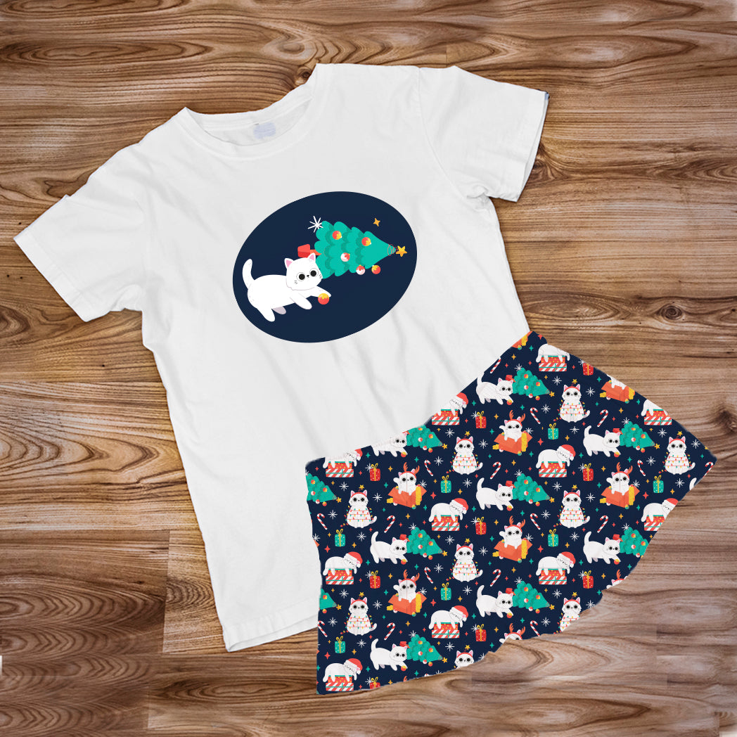 Pijama Estampada en poli algodón de Short Gatos Arbolito navidad