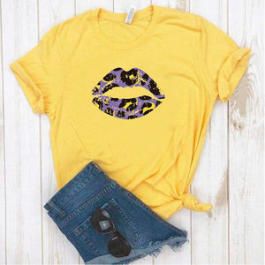 Camisa estampada en algodon para mujer tipo T- shirt labios azul y amarillo