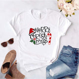 Camisa estampada  tipo T-shirt  de polialgodon Merry Christmas Sombrero y bastón