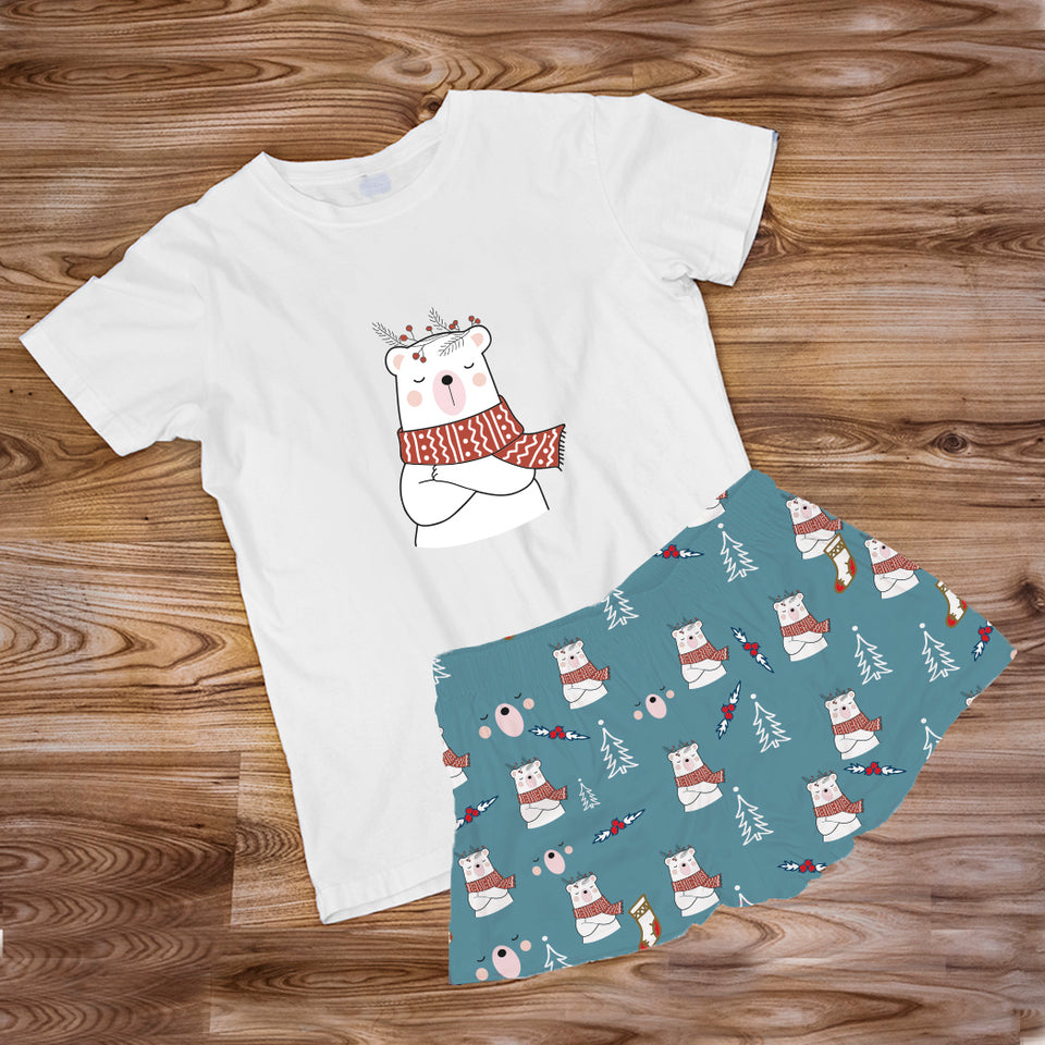 Pijama Estampada en poli algodón de Short  (Navidad) oso polar con bufanda