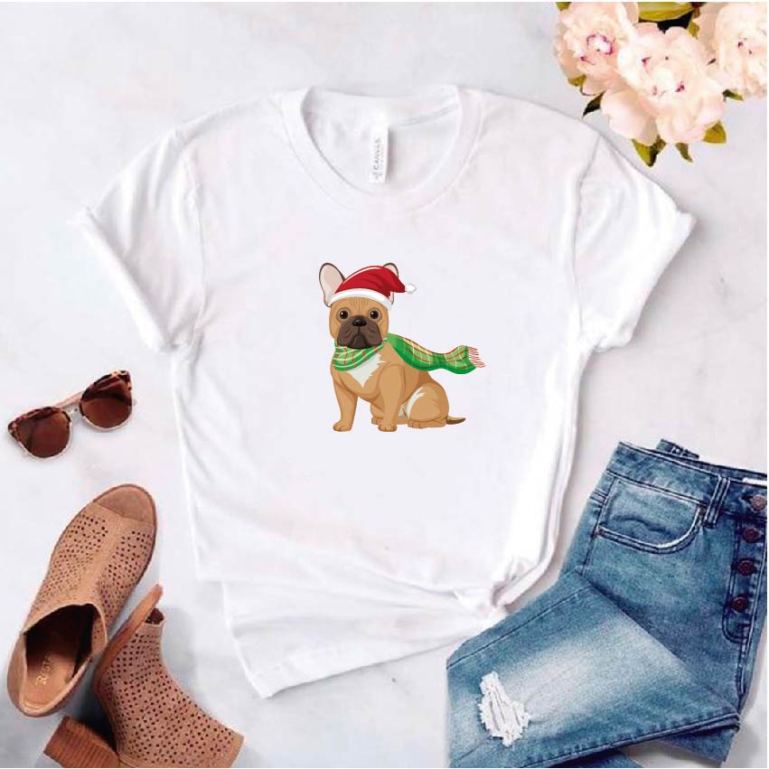 Camisa estampada tipo T-shirt de polialgodon (navidad) perro con bufanda y gorro